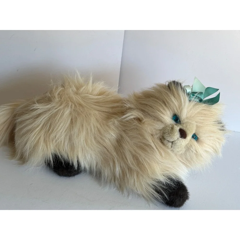 Commonwealth Toy Plush Cat Cream Long Hair Blue Eyes Teal‎ Bow Vintage Style